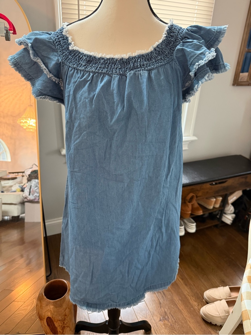 Derek Heart Blue Denim-Look Smocked Neck Mini Dress - Picture 2 of 12